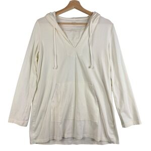 Eileen Fisher White Organic Cotton Blend Hooded Pullover Pocket Tunic Top S